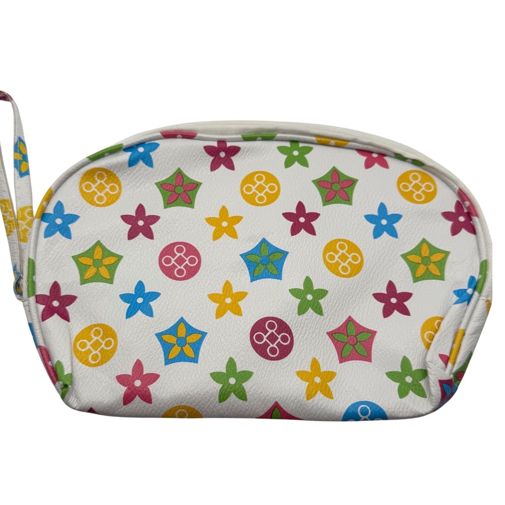 White Cosmetic Bag Pouch Stars‎ Flowers Print Zipper Wristlet